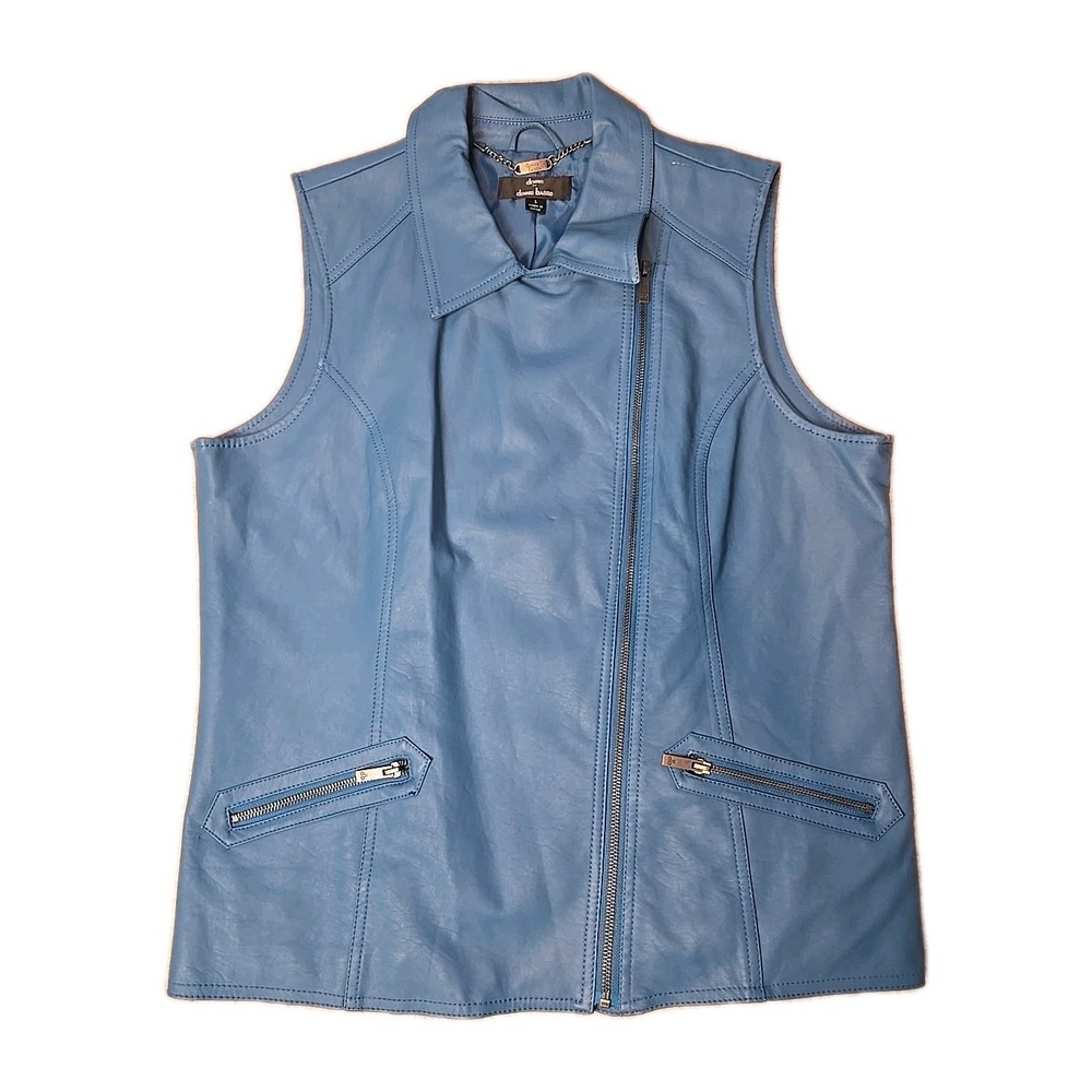Dennis Basso‎ Vest Womens Large Blue Moto Faux Leather Zip Front Sleeveless